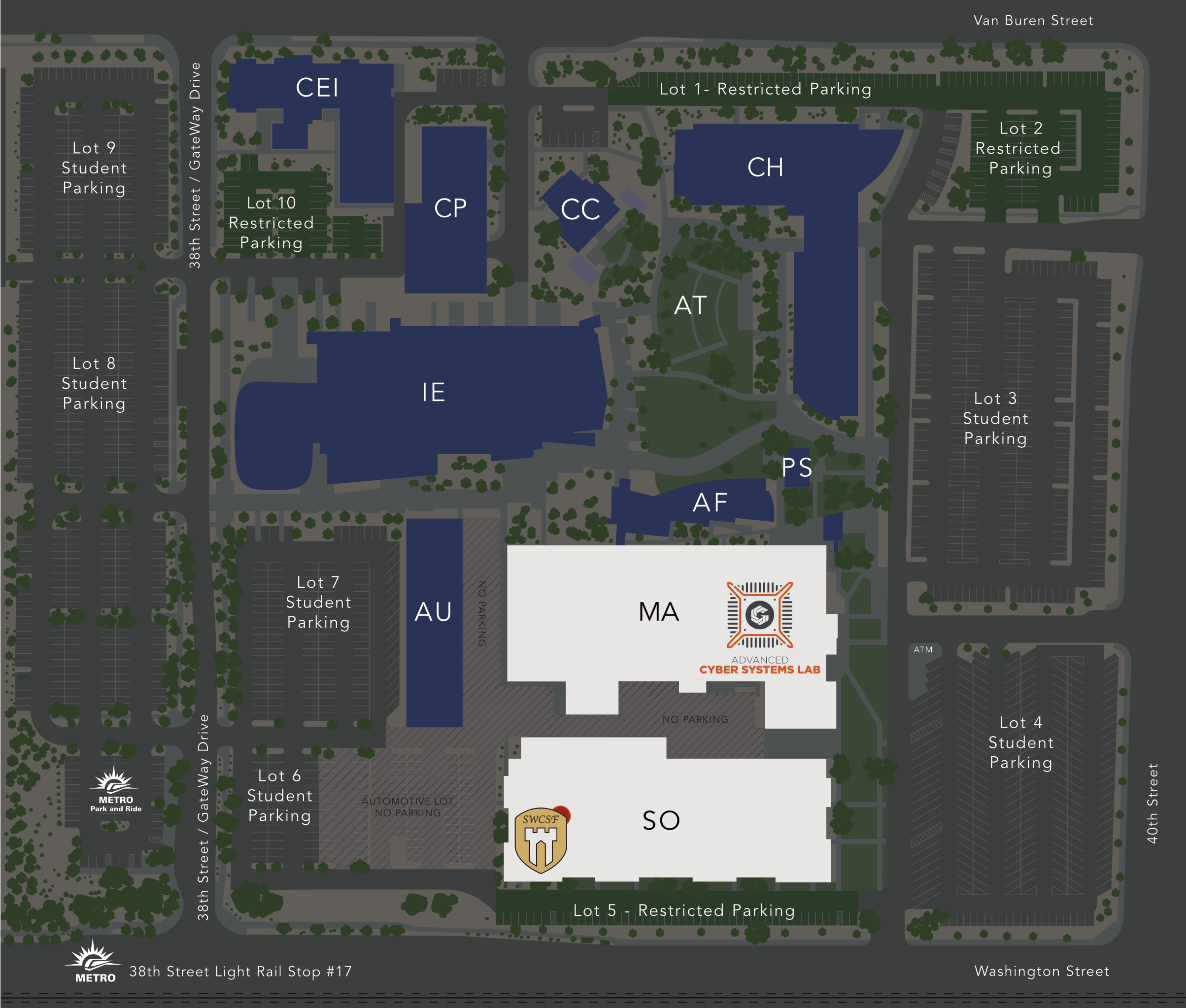 Map of campus and parking options at Gateway Community College