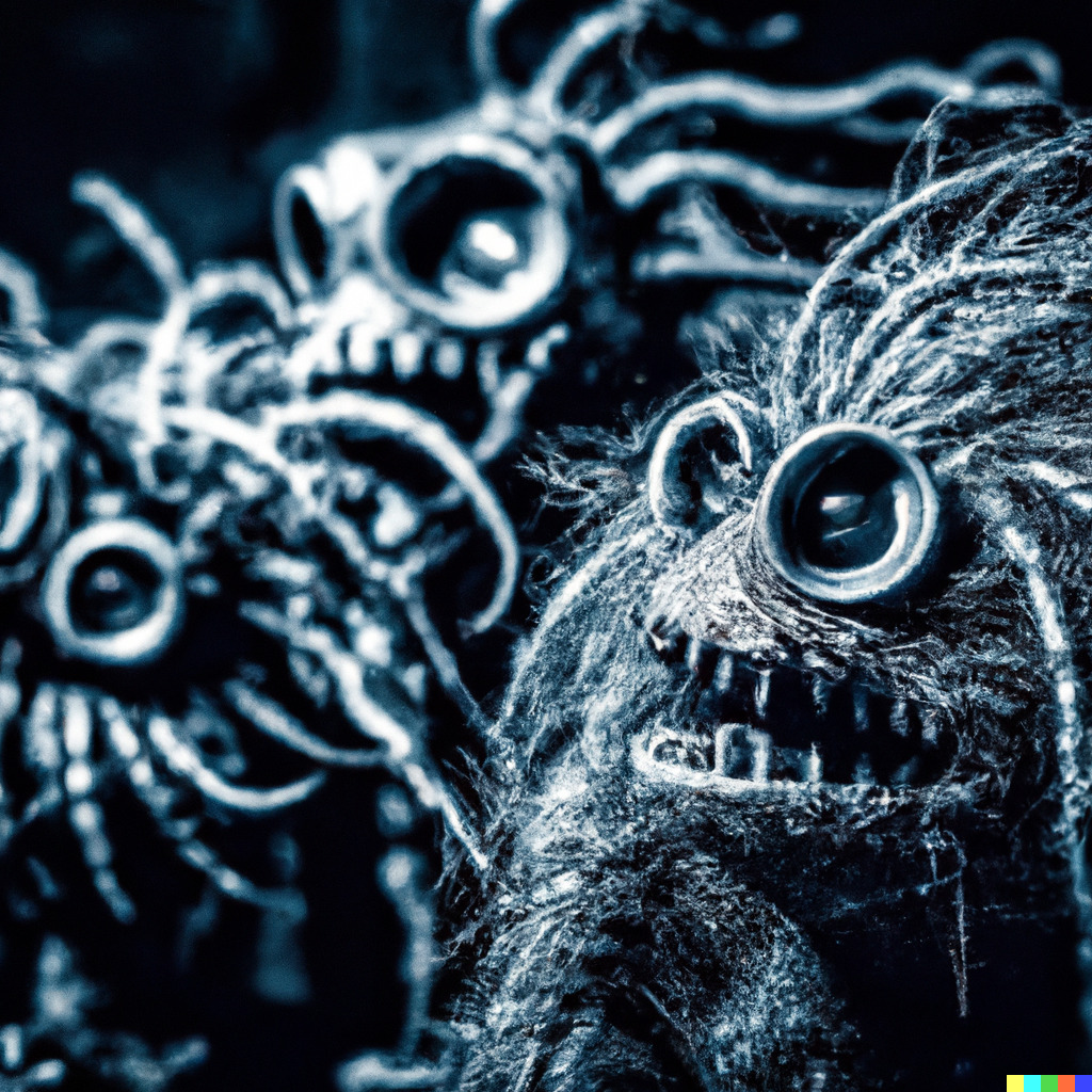 Dramatic photo of muppets made in the style of H.R. Giger